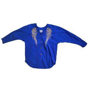 Vintage 1980s Royal Blue Embroidered Top Shirt Size 12 Glam Dynasty Hip Hop Y2K
